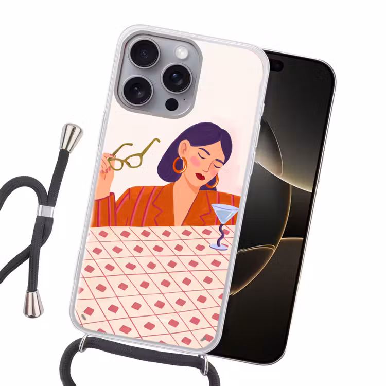 Vrouw - Bril - Cocktail - Illustratie - Modern Hoesje iPhone 16 Pro Max met koord klein -sfeer1
