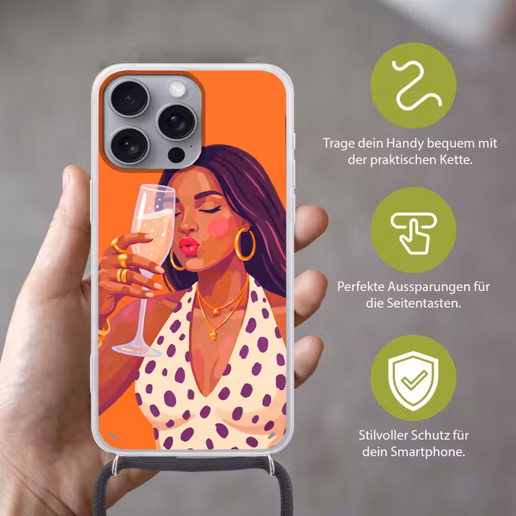 Vrouw - Champagne - Feest - Modern - Oranje Hoesje iPhone 16 Pro Max met koord klein -sfeer2_DE