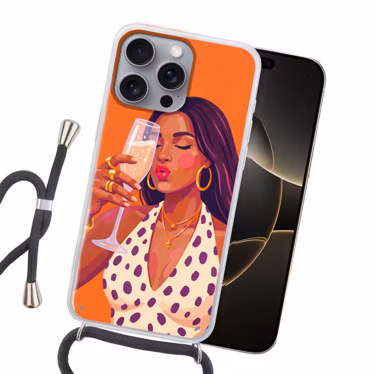 Vrouw - Champagne - Feest - Modern - Oranje Hoesje iPhone 16 Pro Max met koord klein -sfeer1