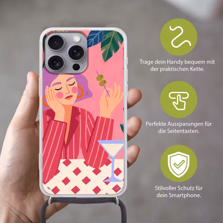 Vrouw - Cocktail - Bloemen - Modern - Roze Hoesje iPhone 16 Pro Max met koord klein -sfeer2_DE