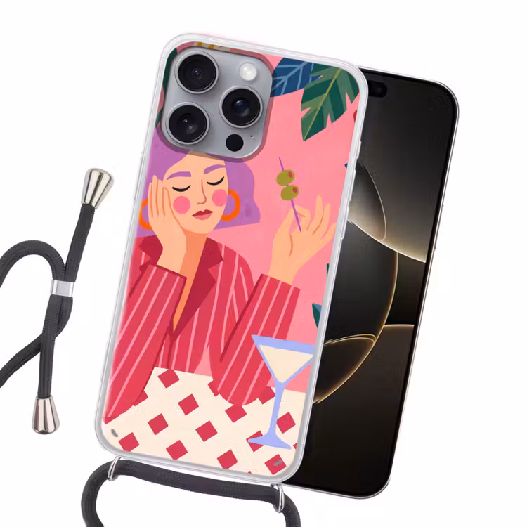 Vrouw - Cocktail - Bloemen - Modern - Roze Hoesje iPhone 16 Pro Max met koord klein -sfeer1
