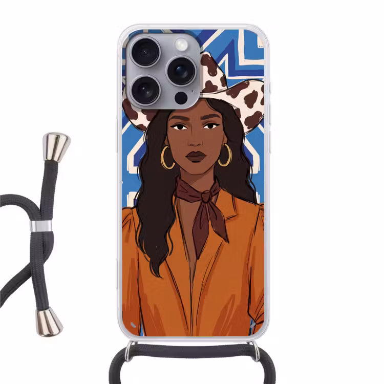 Vrouw - Cowboyhoed - Portret - Modern - Blauw Hoesje iPhone 16 Pro Max met koord klein -3d