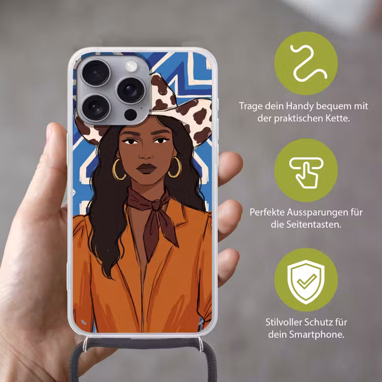 Vrouw - Cowboyhoed - Portret - Modern - Blauw Hoesje iPhone 16 Pro Max met koord klein -sfeer2_DE