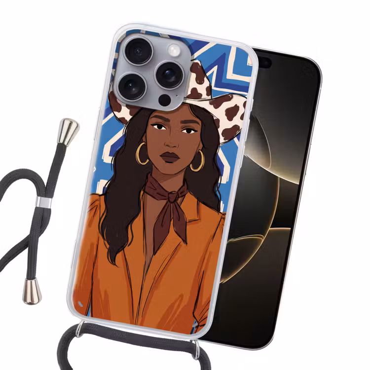 Vrouw - Cowboyhoed - Portret - Modern - Blauw Hoesje iPhone 16 Pro Max met koord klein -sfeer1
