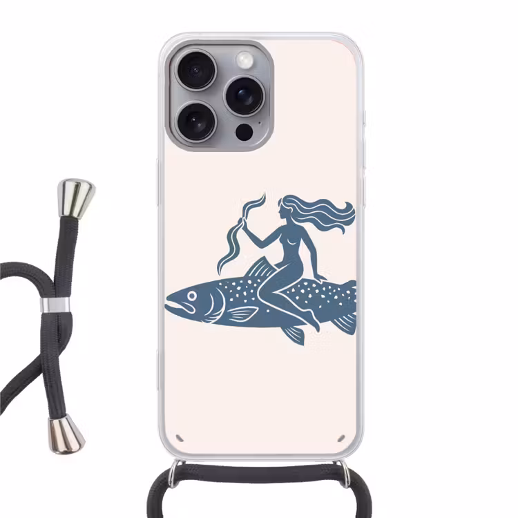 Vrouw - Vis - Fantasie - Abstract - Blauw Hoesje iPhone 16 Pro Max met koord klein -3d