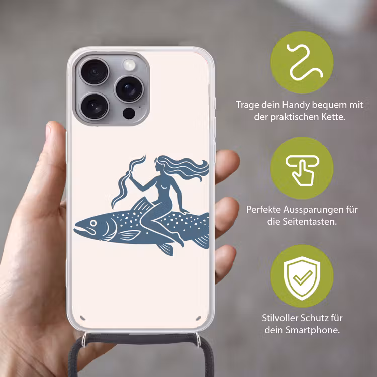 Vrouw - Vis - Fantasie - Abstract - Blauw Hoesje iPhone 16 Pro Max met koord klein -sfeer2_DE
