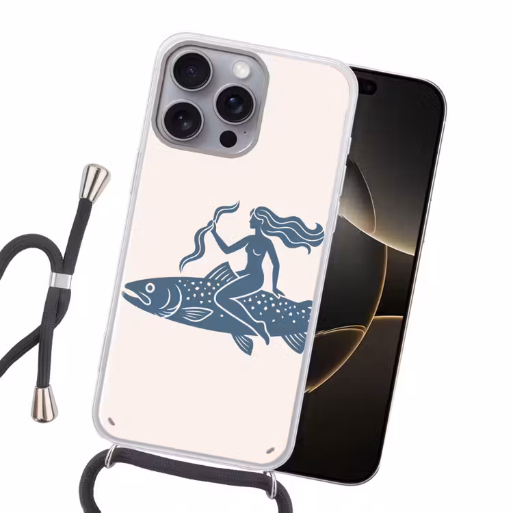 Vrouw - Vis - Fantasie - Abstract - Blauw Hoesje iPhone 16 Pro Max met koord klein -sfeer1