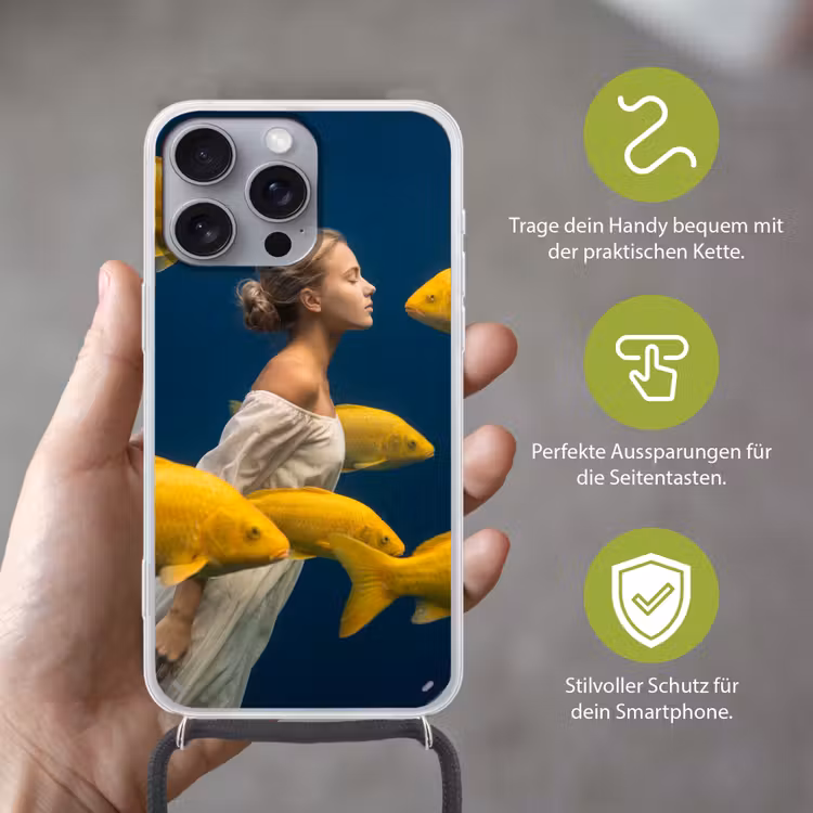 Vrouw - Vis - Water - Natuur - Geel Hoesje iPhone 16 Pro Max met koord klein -sfeer2_DE