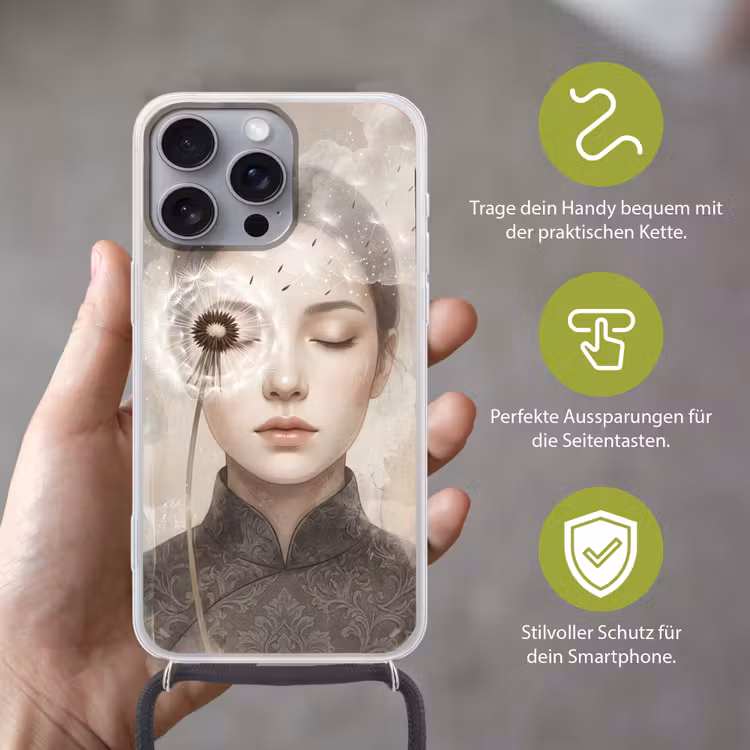 Vrouw - Sereen - Grijs Hoesje iPhone 16 Pro Max met koord klein -sfeer2_DE