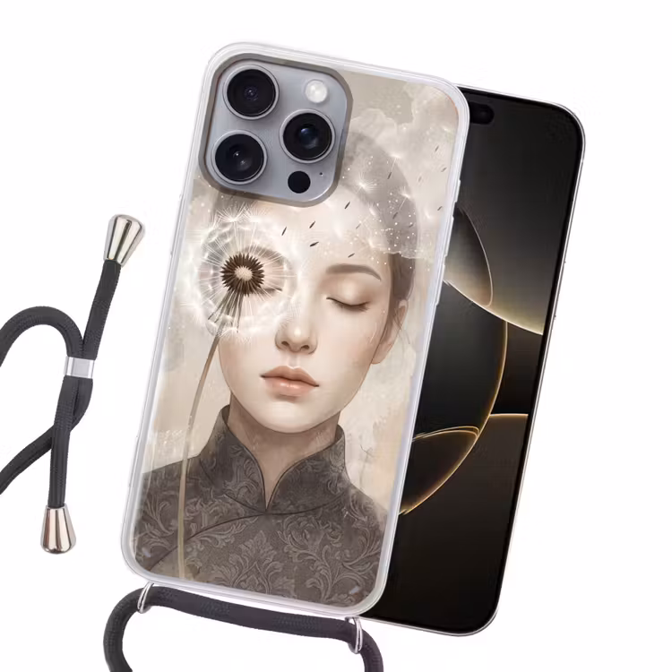 Vrouw - Sereen - Grijs Hoesje iPhone 16 Pro Max met koord klein -sfeer1