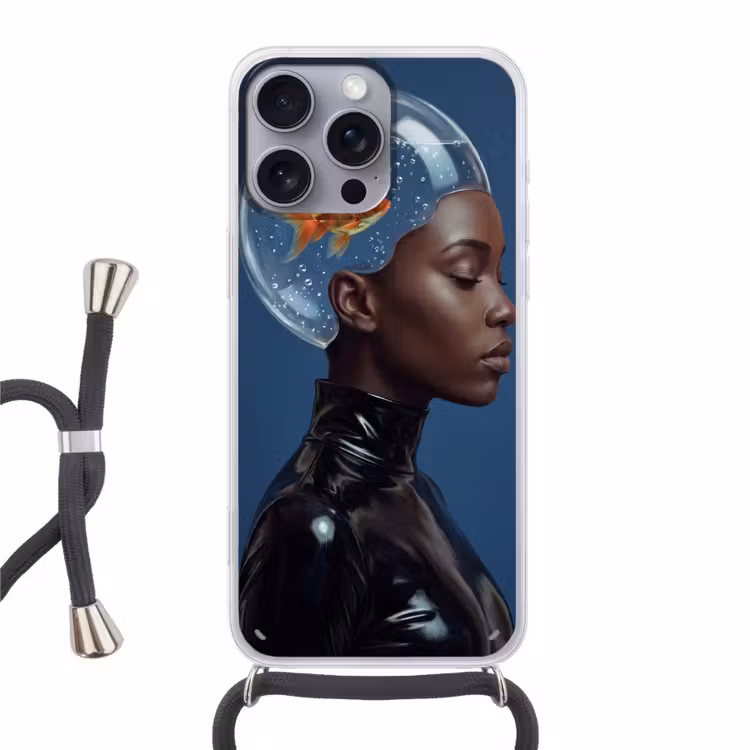 Vrouw - Goudvis - Hoofd - Abstract - Blauw Hoesje iPhone 16 Pro Max met koord klein -3d