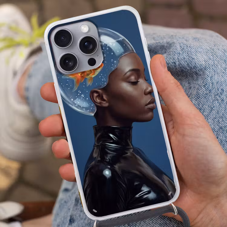 Vrouw - Goudvis - Hoofd - Abstract - Blauw Hoesje iPhone 16 Pro Max met koord klein -sfeer3