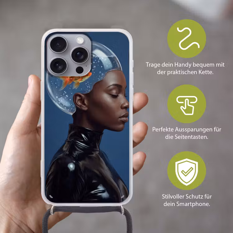 Vrouw - Goudvis - Hoofd - Abstract - Blauw Hoesje iPhone 16 Pro Max met koord klein -sfeer2_DE