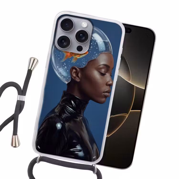 Vrouw - Goudvis - Hoofd - Abstract - Blauw Hoesje iPhone 16 Pro Max met koord klein -sfeer1