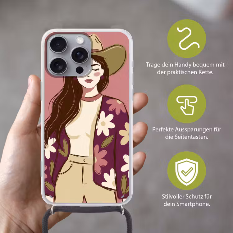 Vrouw - Hoed - Portret - Illustratie - Roze Hoesje iPhone 16 Pro Max met koord klein -sfeer2_DE