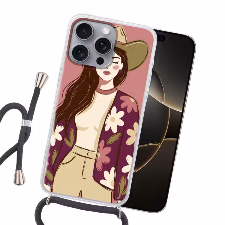 Vrouw - Hoed - Portret - Illustratie - Roze Hoesje iPhone 16 Pro Max met koord klein -sfeer1