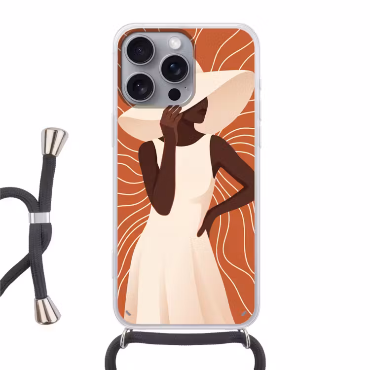 Vrouw - Hoed - Portret - Modern - Beige Hoesje iPhone 16 Pro Max met koord klein -3d