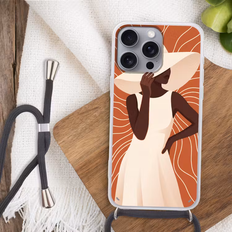 Vrouw - Hoed - Portret - Modern - Beige Hoesje iPhone 16 Pro Max met koord klein -sfeer4