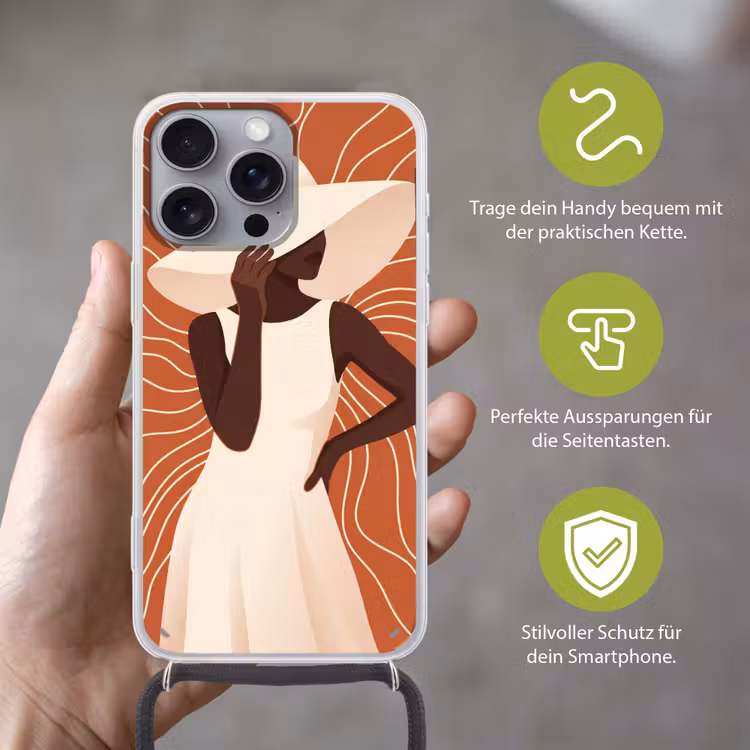 Vrouw - Hoed - Portret - Modern - Beige Hoesje iPhone 16 Pro Max met koord klein -sfeer2_DE