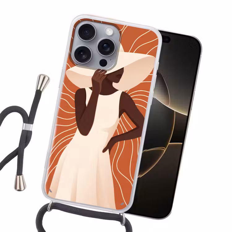 Vrouw - Hoed - Portret - Modern - Beige Hoesje iPhone 16 Pro Max met koord klein -sfeer1