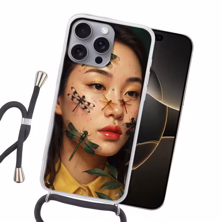 Vrouw - Insecten - Natuur - Portret - Groen Hoesje iPhone 16 Pro Max met koord klein -sfeer1
