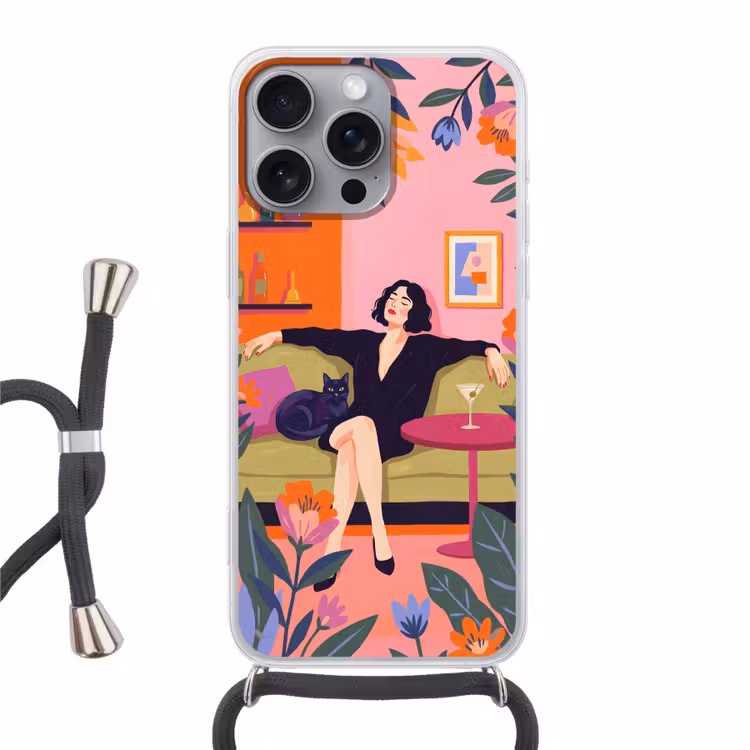 Vrouw - Kat - Interieur - Modern - Kleurrijk Hoesje iPhone 16 Pro Max met koord klein -3d