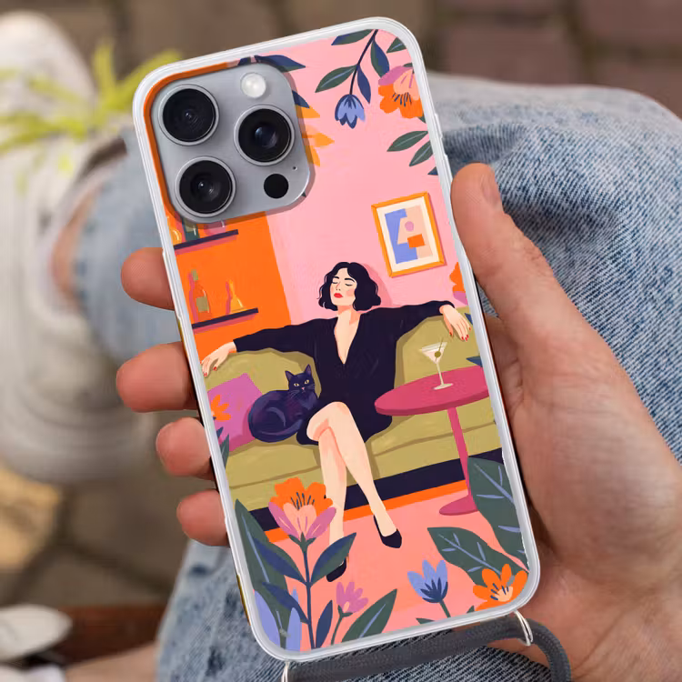 Vrouw - Kat - Interieur - Modern - Kleurrijk Hoesje iPhone 16 Pro Max met koord klein -sfeer3