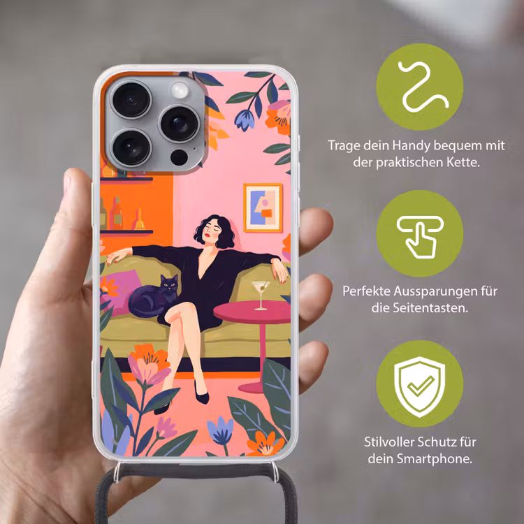 Vrouw - Kat - Interieur - Modern - Kleurrijk Hoesje iPhone 16 Pro Max met koord klein -sfeer2_DE