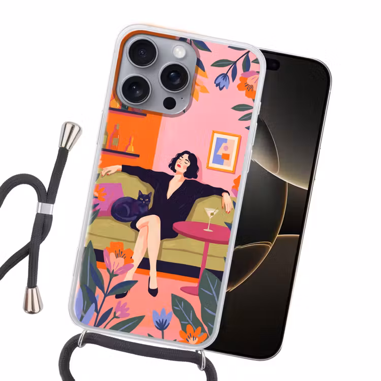 Vrouw - Kat - Interieur - Modern - Kleurrijk Hoesje iPhone 16 Pro Max met koord klein -sfeer1