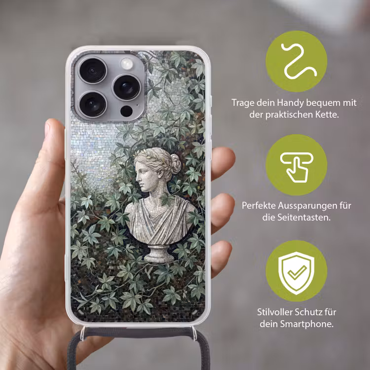 Vrouw - Klassiek - Mozaiëk - Natuur - Groen Hoesje iPhone 16 Pro Max met koord klein -sfeer2_DE