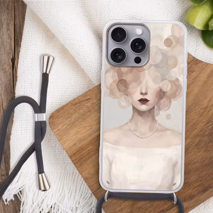 Vrouw - Cirkels - Beige Hoesje iPhone 16 Pro Max met koord klein -sfeer4