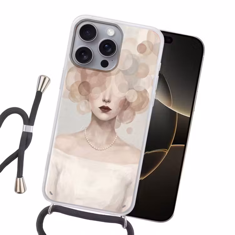 Vrouw - Cirkels - Beige Hoesje iPhone 16 Pro Max met koord klein -sfeer1