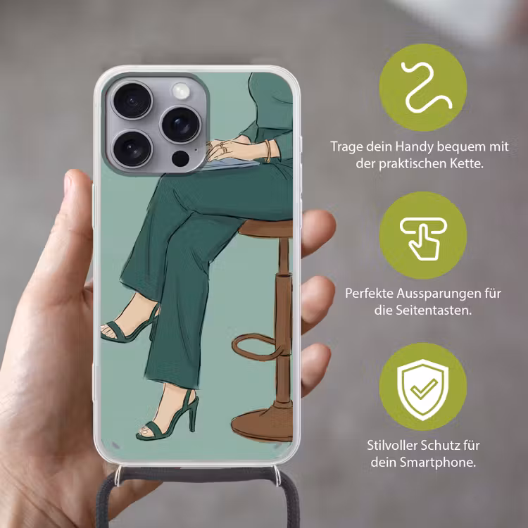 Vrouw - Laptop - Zittend - Illustratie - Groen Hoesje iPhone 16 Pro Max met koord klein -sfeer2_DE