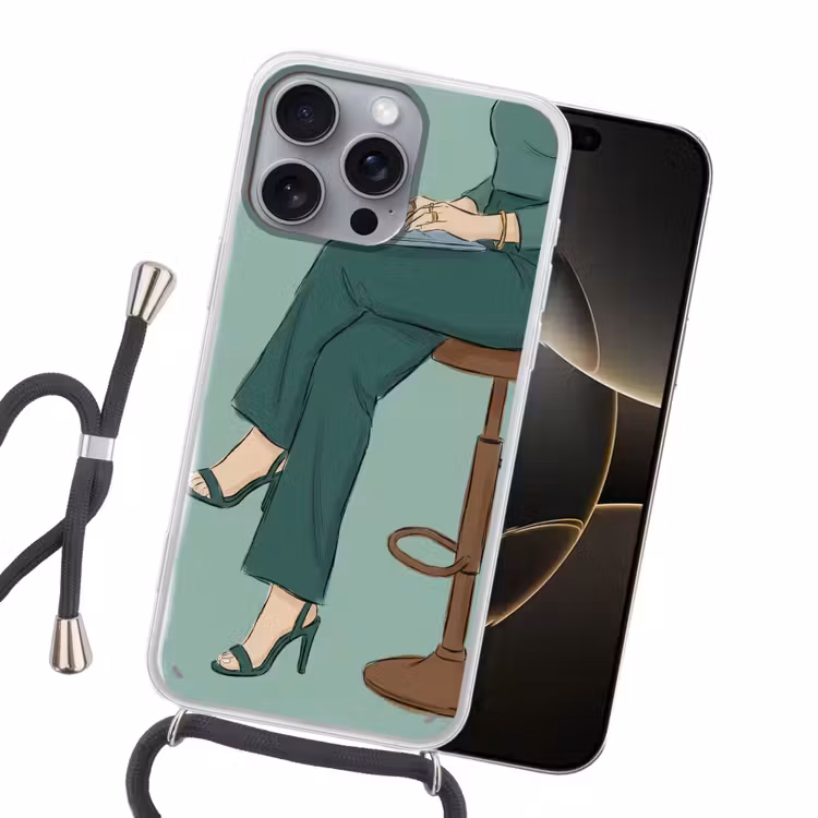 Vrouw - Laptop - Zittend - Illustratie - Groen Hoesje iPhone 16 Pro Max met koord klein -sfeer1