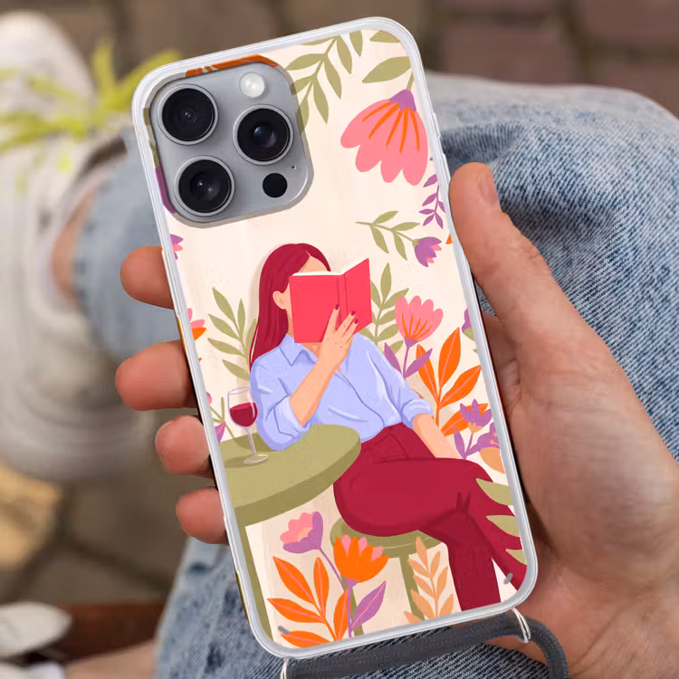 Vrouw - Lezen - Thuis - Modern - Bloemen Hoesje iPhone 16 Pro Max met koord klein -sfeer3