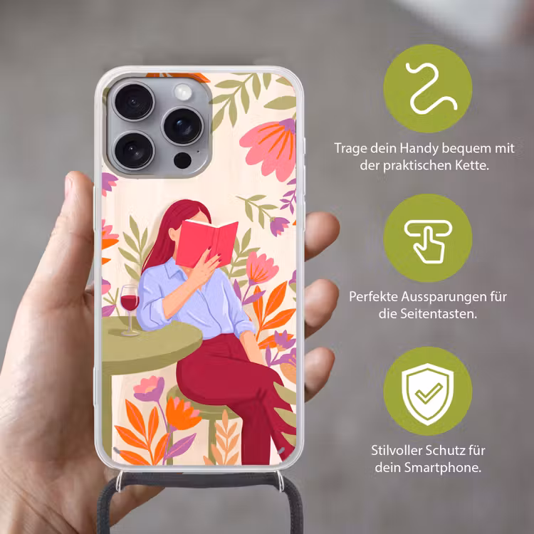 Vrouw - Lezen - Thuis - Modern - Bloemen Hoesje iPhone 16 Pro Max met koord klein -sfeer2_DE