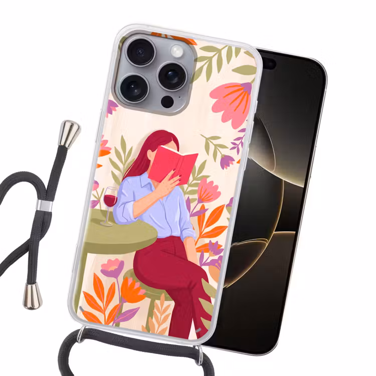 Vrouw - Lezen - Thuis - Modern - Bloemen Hoesje iPhone 16 Pro Max met koord klein -sfeer1