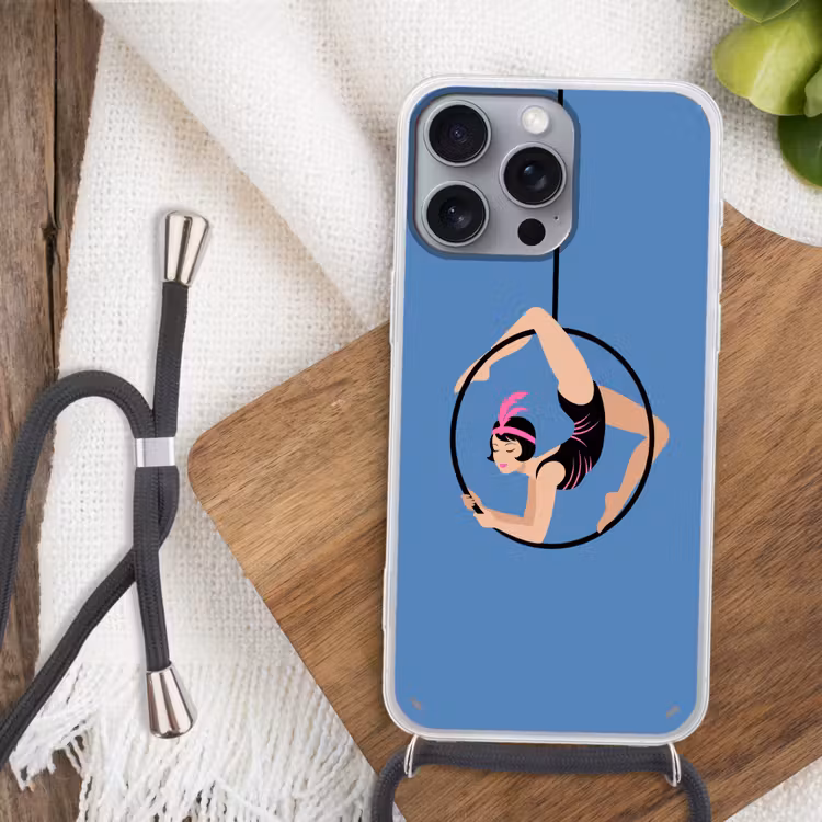 Vrouw - Aerial hoop - Art deco - Illustratie - Blauw Hoesje iPhone 16 Pro Max met koord klein -sfeer4