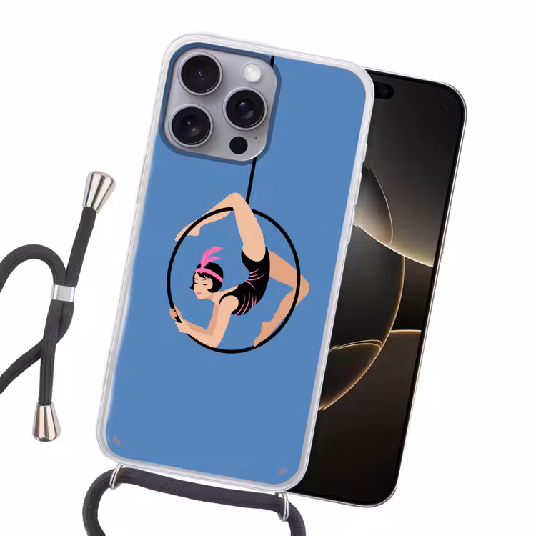 Vrouw - Aerial hoop - Art deco - Illustratie - Blauw Hoesje iPhone 16 Pro Max met koord klein -sfeer1