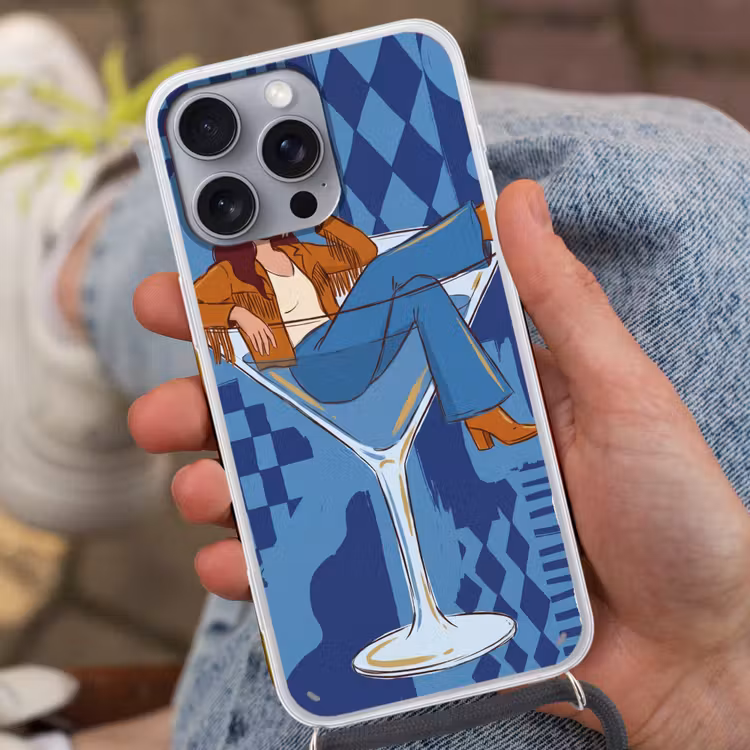 Vrouw - Martini glas - Abstract - Blauw - Kunst Hoesje iPhone 16 Pro Max met koord klein -sfeer3