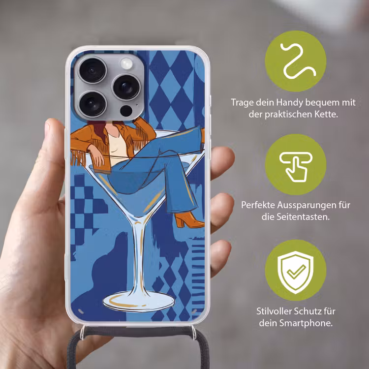 Vrouw - Martini glas - Abstract - Blauw - Kunst Hoesje iPhone 16 Pro Max met koord klein -sfeer2_DE