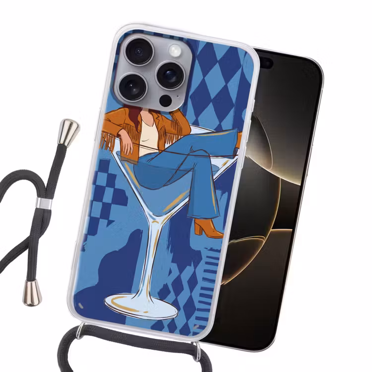 Vrouw - Martini glas - Abstract - Blauw - Kunst Hoesje iPhone 16 Pro Max met koord klein -sfeer1