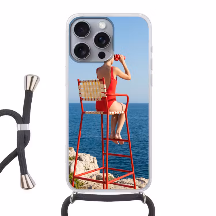 Vrouw - Zee - Kust - Verrekijker - Rood Hoesje iPhone 16 Pro Max met koord klein -3d