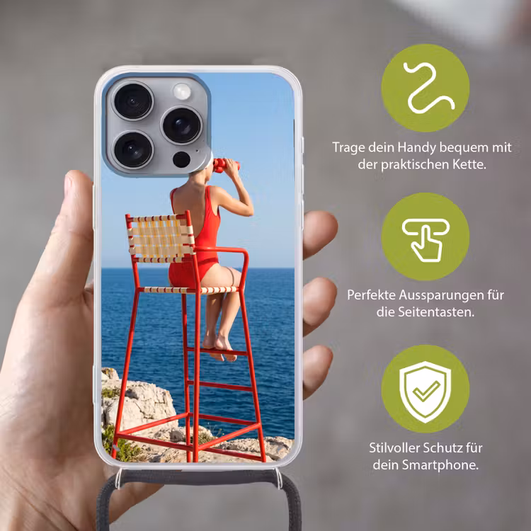 Vrouw - Zee - Kust - Verrekijker - Rood Hoesje iPhone 16 Pro Max met koord klein -sfeer2_DE