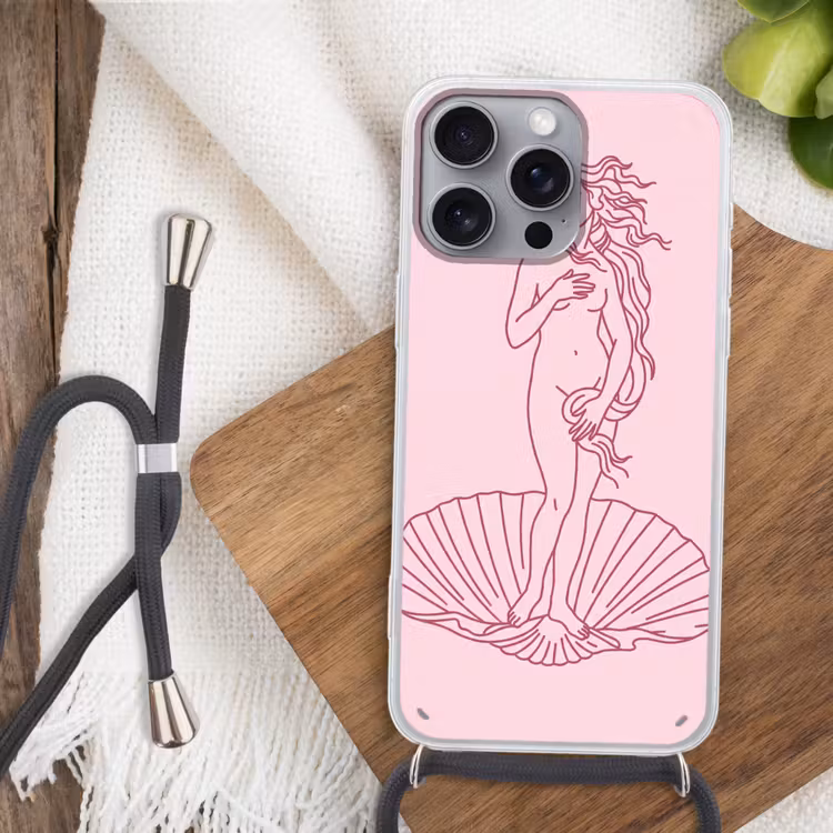 Vrouw - Schelp - Kunst - Lijntekening - Roze Hoesje iPhone 16 Pro Max met koord klein -sfeer4