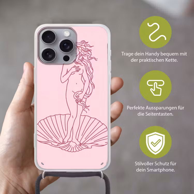 Vrouw - Schelp - Kunst - Lijntekening - Roze Hoesje iPhone 16 Pro Max met koord klein -sfeer2_DE