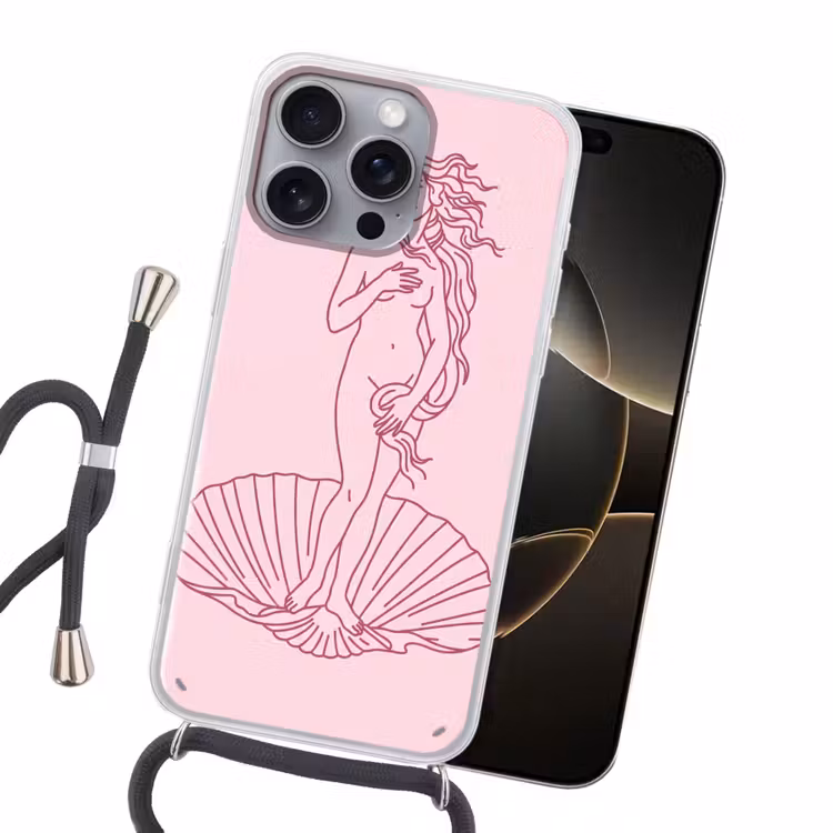 Vrouw - Schelp - Kunst - Lijntekening - Roze Hoesje iPhone 16 Pro Max met koord klein -sfeer1