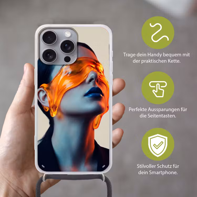 Vrouw - Oranje - Abstract - Modern - Kleurrijk Hoesje iPhone 16 Pro Max met koord klein -sfeer2_DE