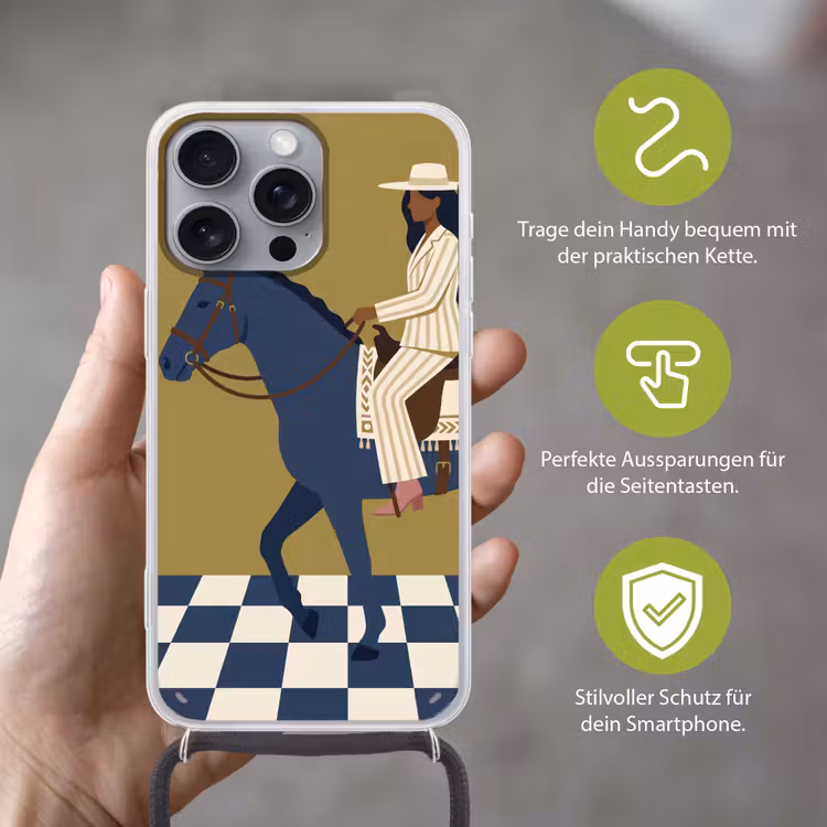 Vrouw - Paard - Rijden - Modern - Abstract Hoesje iPhone 16 Pro Max met koord klein -sfeer2_DE