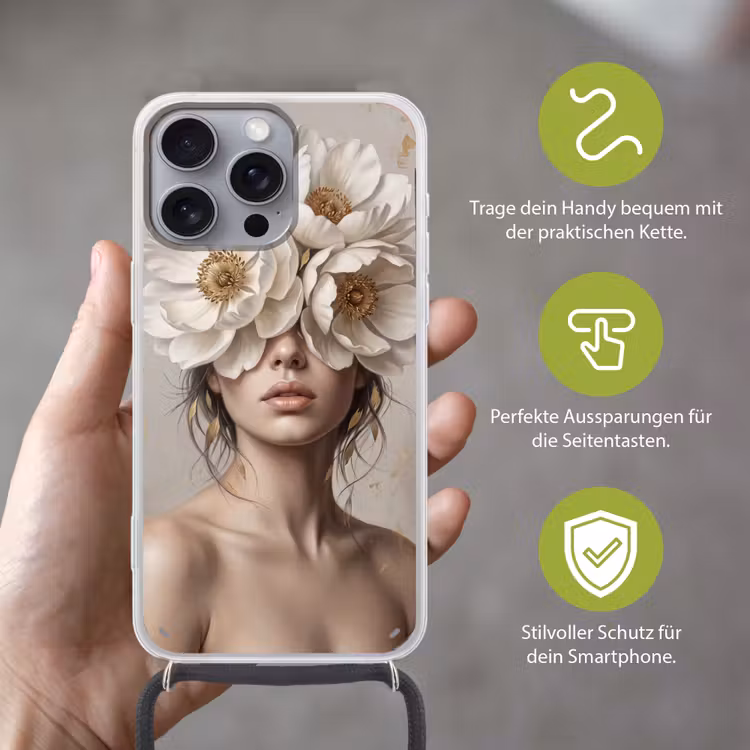 Vrouw - Pioenroos - Wit Hoesje iPhone 16 Pro Max met koord klein -sfeer2_DE